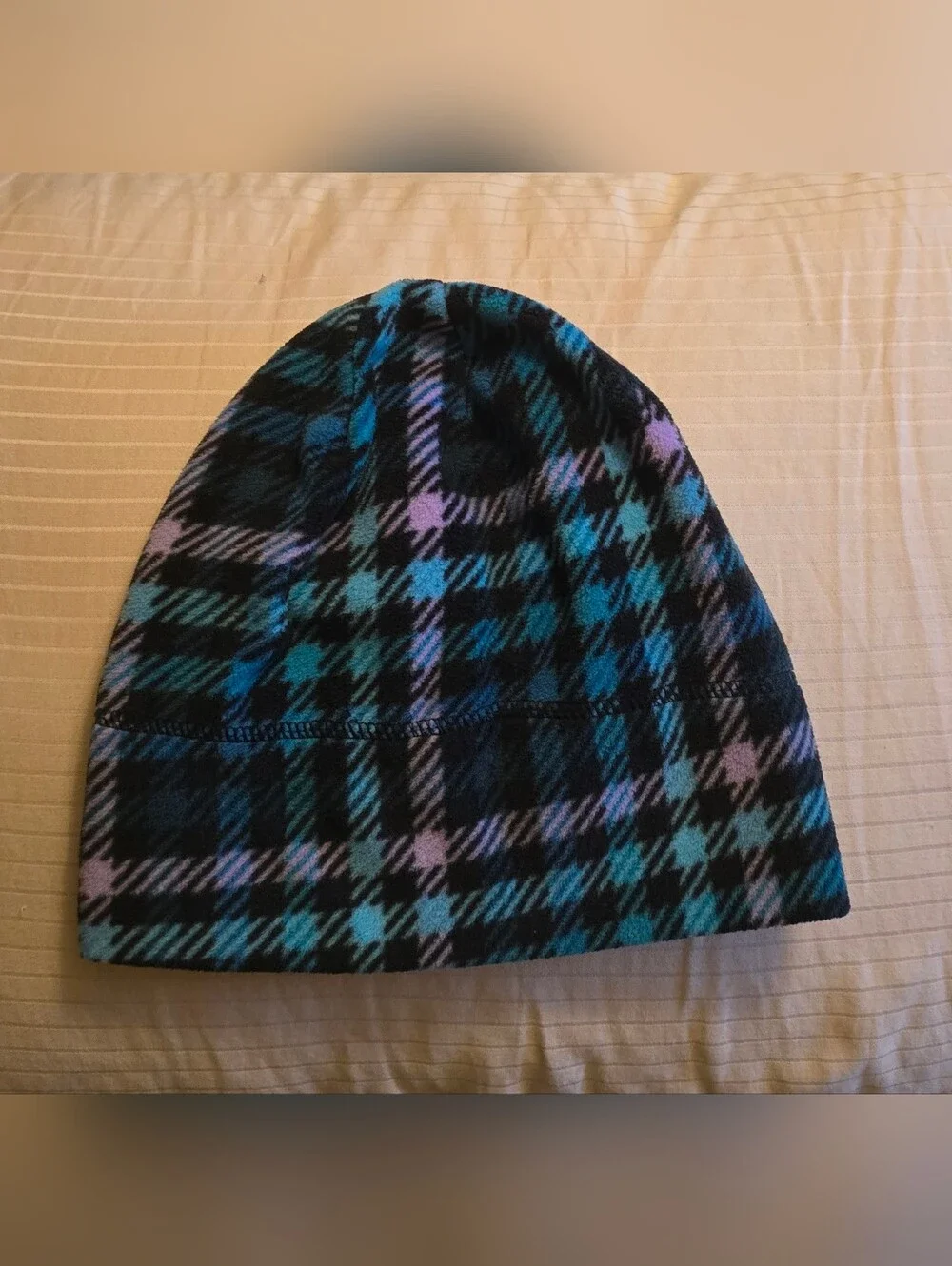 Kids Fleece Beanie Tartan Plaid Blue Purple Black Vibrant Hat Youth Winter Cap